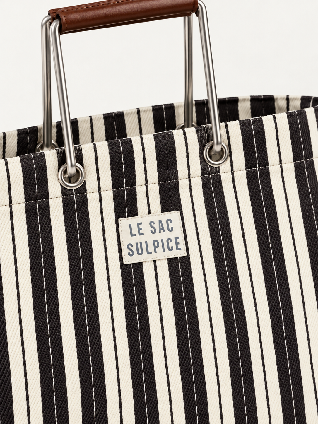 Portofino medium striped tote bag in Cacao with leather-wrapped metal handles, view 3