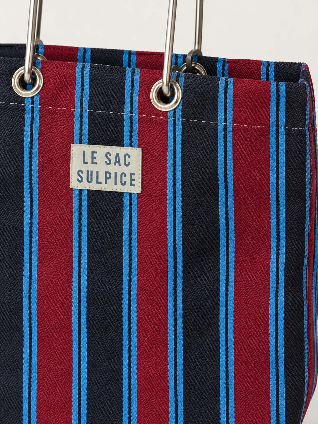 Portofino medium striped tote bag in Cassis with leather-wrapped metal handles, view 3