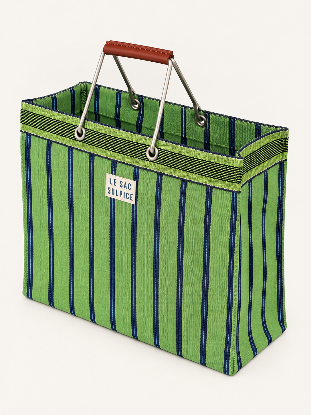 Sorrento large striped tote bag in Verdure with leather-wrapped metal handles and contrast trim, side angle