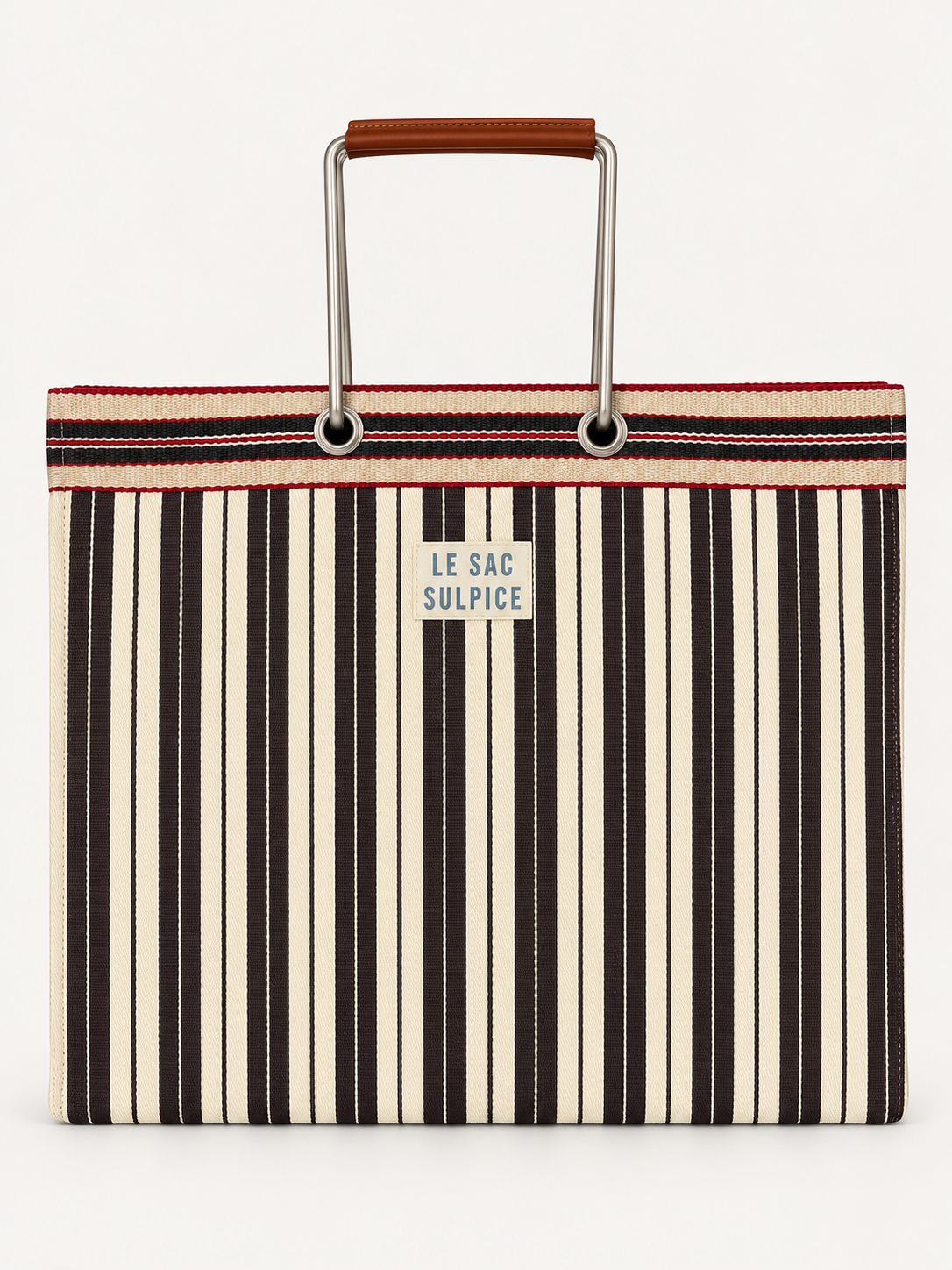Sorrento large striped tote bag in Cacao with leather-wrapped metal handles and contrast trim