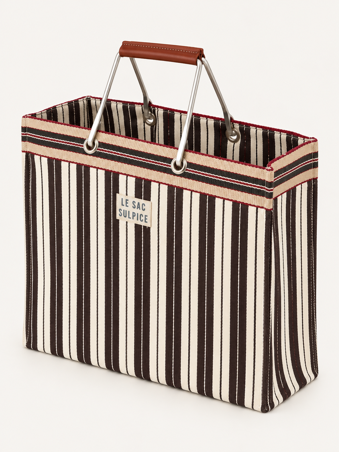 Sorrento large striped tote bag in Cacao with leather-wrapped metal handles and contrast trim, side angle
