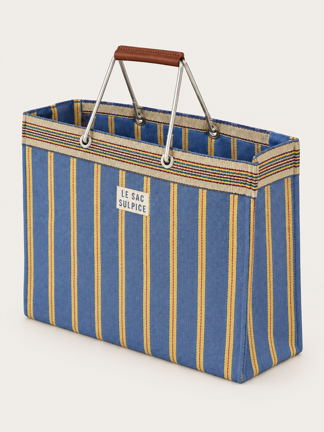 Sorrento large striped tote bag in Regatta with leather-wrapped metal handles and contrast trim, side angle