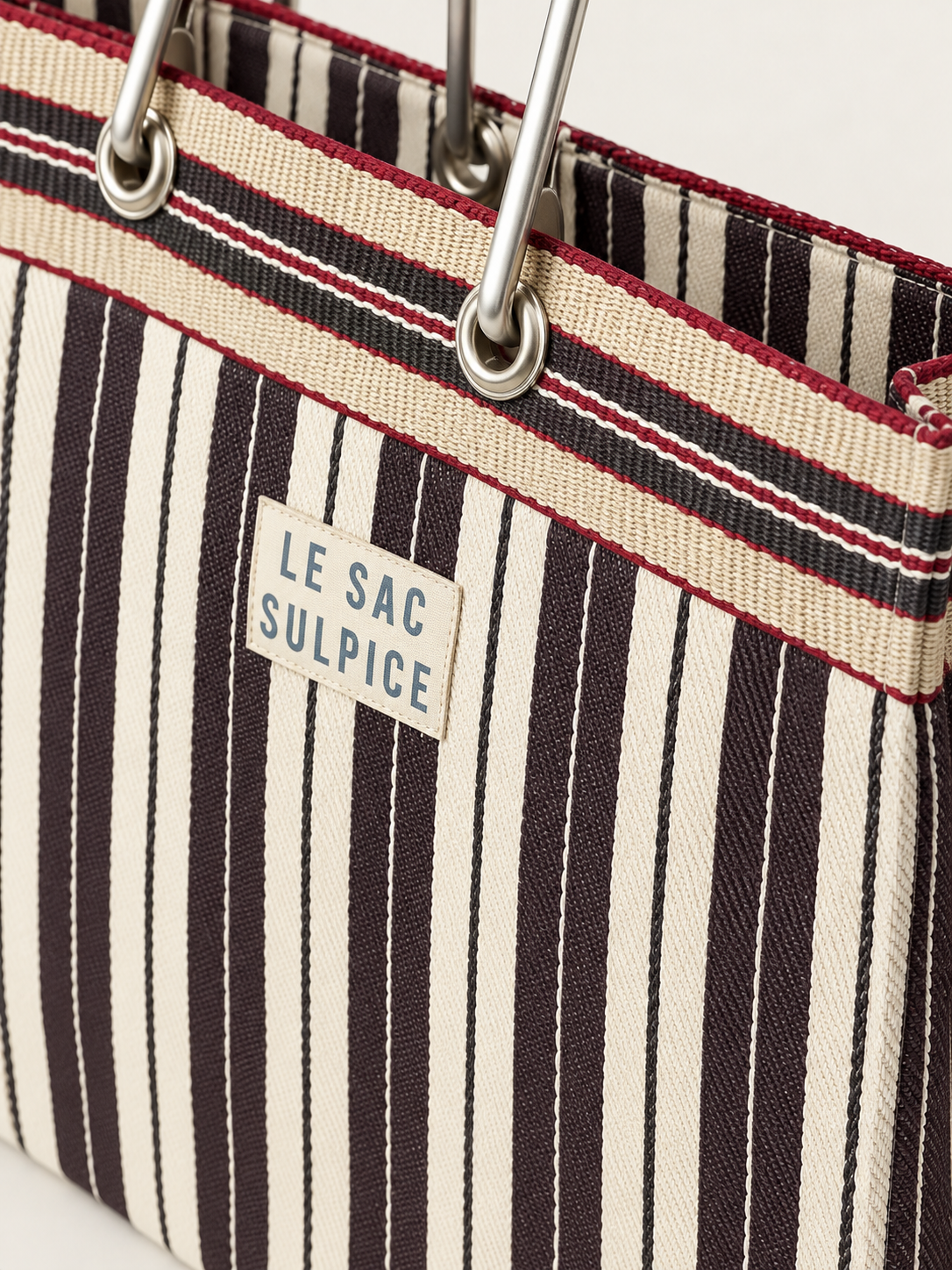 Sorrento large striped tote bag in Cacao with leather-wrapped metal handles and contrast trim, view 3