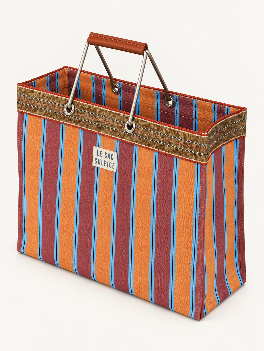 Sorrento large striped tote bag in Sunrise with leather-wrapped metal handles and contrast trim, view 2