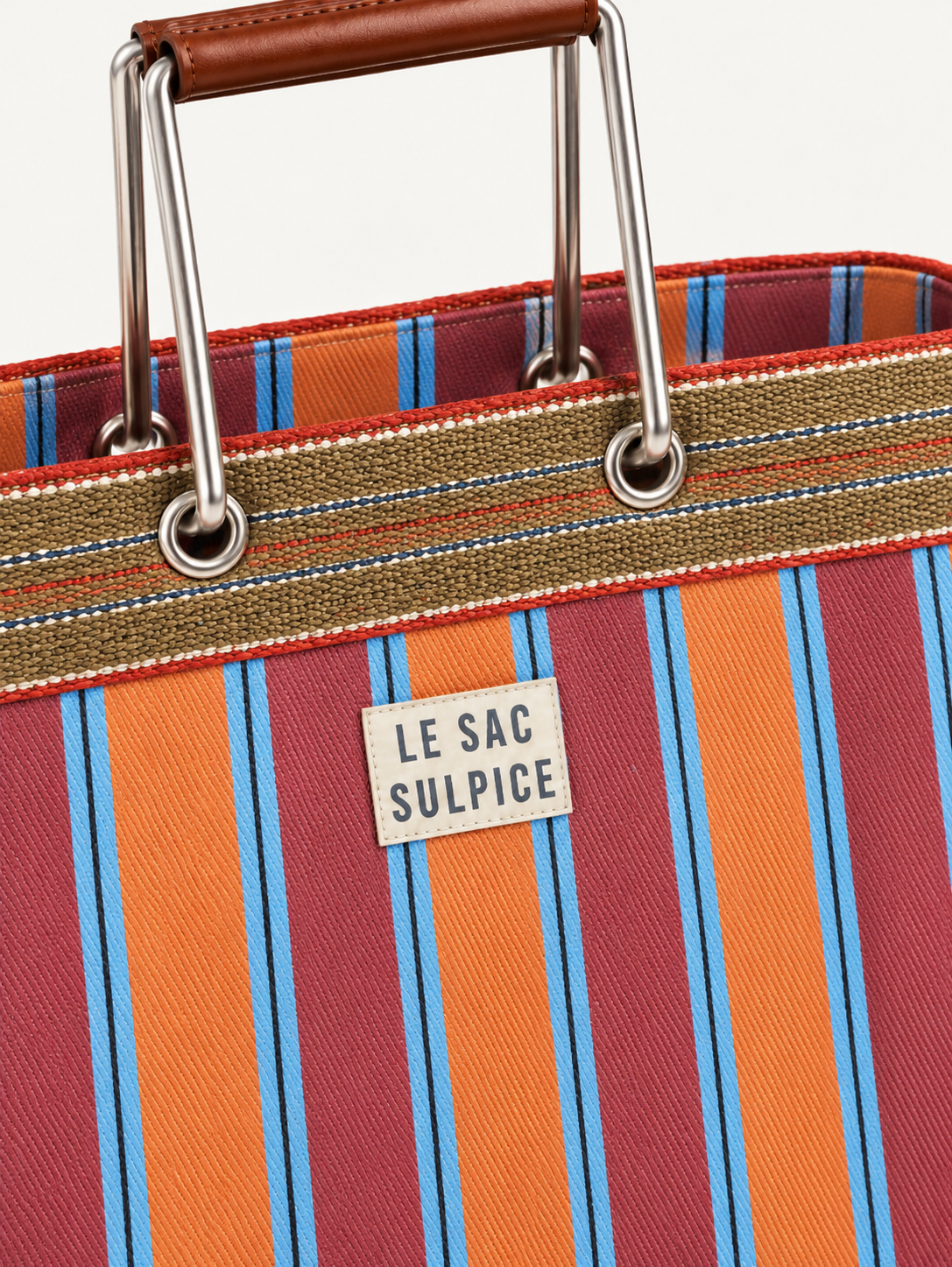 Sorrento large striped tote bag in Sunrise with leather-wrapped metal handles and contrast trim, view 3